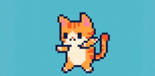 a pixel art of an orange and white cat standing on its hind legs .