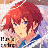 a drawing of a boy with red hair and the words ruki 's darling below him
