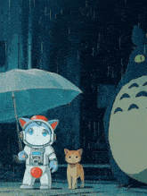 a robot with yen on it stands next to a cat