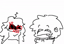 a black and white drawing of two cartoon characters with red eyes and red mouths .