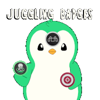 a green penguin is juggling two badges with the words juggling badges below it