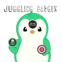 a green penguin is juggling two badges with the words juggling badges below it
