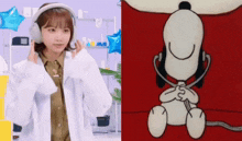 a woman wearing headphones next to a cartoon of snoopy