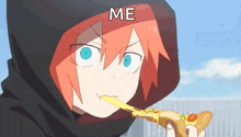 a girl with red hair is eating a slice of pizza with a hood on her head .