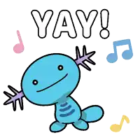 a cartoon axolotl with music notes and the words yay !