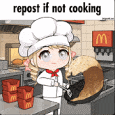 a cartoon of a girl in a chef 's hat is cooking in a mcdonald 's kitchen