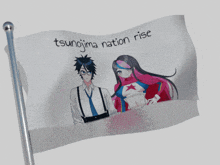 a flag with a man and a woman on it that says tsunoda nation rise