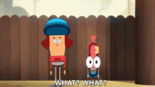 two cartoon characters are standing in front of a wooden fence and one of them is asking the other what