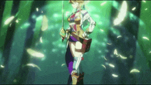 a woman holding a sword in a forest with feathers falling around her