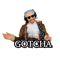 a man in a costume with the word gotcha written on it