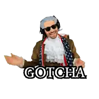 a man in a costume with the word gotcha written on it