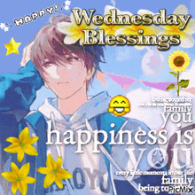 a happy wednesday blessings greeting card with a boy in a blue jacket