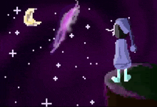 a pixel art of a person standing in front of a purple sky with a crescent moon and stars