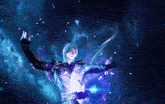 a man is standing in a dark room with his arms outstretched and a blue light coming out of his chest .