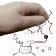 a hand is holding a drawing of a dog with a bandage on its face .