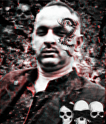a man with a dragon tattoo on his face is surrounded by three skulls