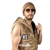 a man wearing sunglasses and a fur vest has the word ve on his chest