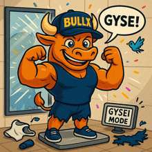 a cartoon illustration of a bull wearing a bullx hat standing on a scale