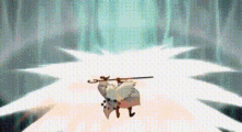 a cartoon character is flying through the air with a sword in a video game .