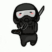 a drawing of a ninja holding a sword and a gun