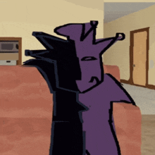 a purple and black cartoon character is sitting on a couch in a living room