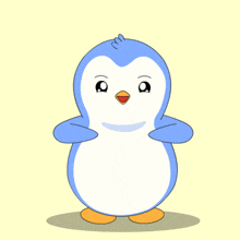 a blue and white penguin with a yellow beak is standing on a yellow background