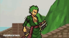 a pixel art of a man holding a sword and a flag .