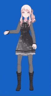 a girl with pink hair is standing with her hands on her hips in front of a blue background