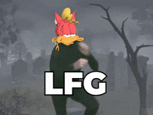 a cartoon of garfield dancing in a cemetery with the words lfg written below him