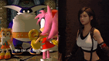 a video game character says " we can do this " in front of a group of cartoon characters