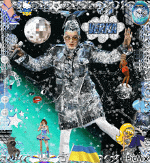 a woman in a silver dress is holding a microphone in front of a disco ball and a sign that says verka