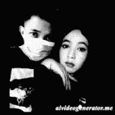 a man wearing a mask kisses a woman on the cheek in a black and white photo taken by aivideogenerator.me