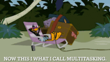 a cartoon of a duck sitting in a chair with the words " now this i what i call multitasking "