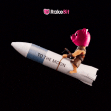 a pink teddy bear is riding a rocket with the words to the moon written on it