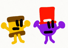 a yellow and purple cartoon character with a red top hat
