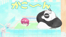 a cartoon drawing of a panda and a girl in a bathtub with chinese writing behind them