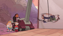 a group of cartoon characters are looking at a man hanging from a pole