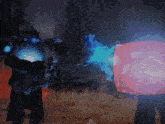 a painting of a man holding a sword and a shield with a red and blue light coming out of it