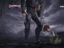 a boy kneeling in front of a knight with superbook written on the top