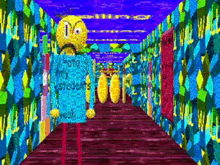 a cartoon character is standing in a hallway with a sad face on his head .