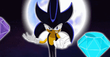 a cartoon character is surrounded by diamonds and purple gems