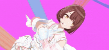 a girl with short brown hair is wearing a pink and white outfit