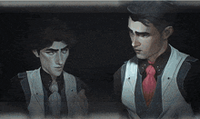 two men are standing next to each other with their faces visible