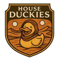 a logo for house duckies has a duck wearing a hood