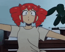 a cartoon girl is sitting at a piano with her arms outstretched .