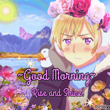 a picture of a boy wearing a flower crown with the words good morning rise and shine