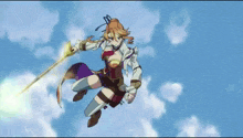 a cartoon character is flying through the air holding a sword