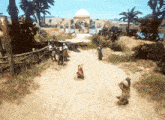 a group of people are standing on a dirt road in front of a building