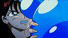 a cartoon of a woman holding a blue object in her hand