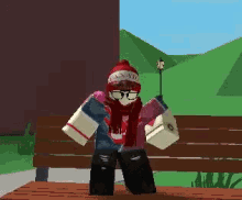 a person is standing on a wooden bench in a video game holding toilet paper .